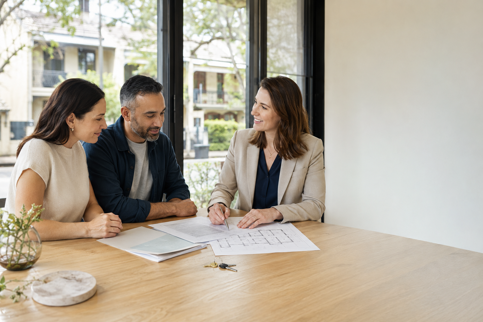 A solicitor reviewing property documents and house keys with a couple