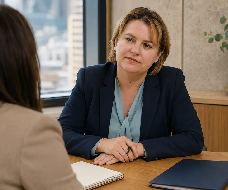 Katherine Hawes, Principal Solicitor of Aquarius Lawyers, meeting with a client